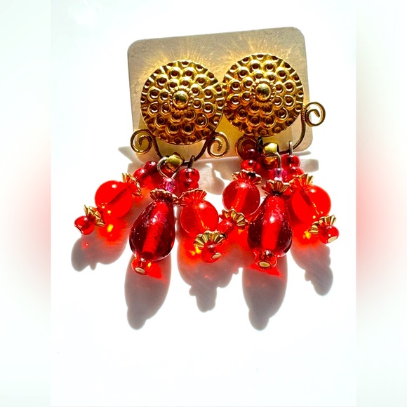 Fun, long, dangle, red glass earrings with gold tone post - Picture 4 of 4